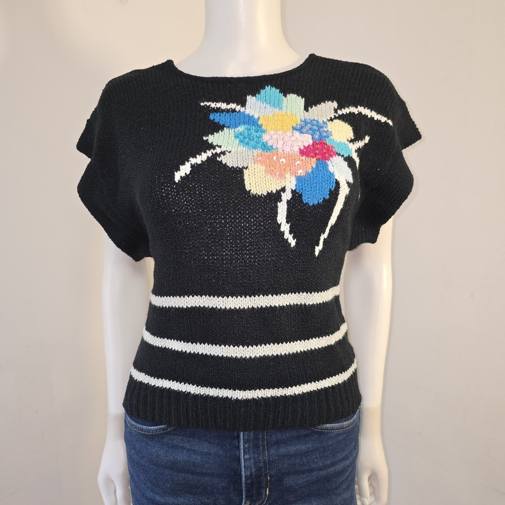 Vintage Organically Grown Sweater Top Floral Stripe Knit Sequins Size M Navy